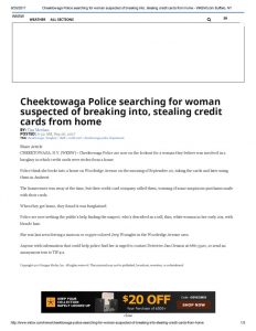 thumbnail of 2017- 09-26 Cheektowaga Police searching for woman suspected of breaking into, stealing credit cards from home – WKBW
