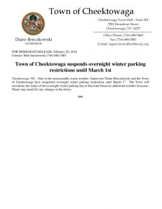 thumbnail of 2018- 02-20 PRESS RELEASE Town of Cheektowaga suspends overnight winter parking restrictions until March 1st