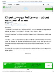 thumbnail of 2018- 02-23 Cheektowaga Police warn about new postal scam – WKBW.com Buffalo, NY