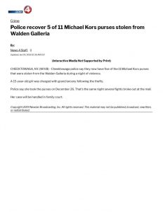 thumbnail of 2019- 01-09 Police recover 5 of 11 Michael Kors purses stolen from Walden Galleria