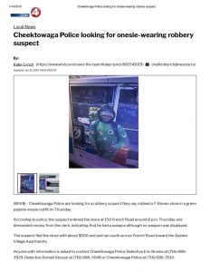 thumbnail of 2019- 01-10 Cheektowaga Police looking for onesie-wearing robbery suspect