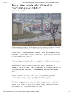 thumbnail of 2019- 02-07 Truck driver needs extrication after overturning into I-90 ditch _ Cheektowaga Chronicle