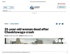 thumbnail of 2019- 04-24 21-year-old woman dead after Cheektowaga crash