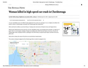 thumbnail of 2019- 04-24 Woman killed in high-speed car crash in Cheektowaga – The Buffalo News