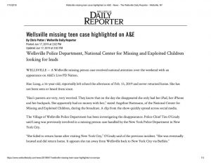 thumbnail of 2019- 06-17 Wellsville missing teen case highlighted on A&E – News – The Wellsville Daily Reporter – Wellsville, NY