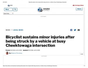 thumbnail of 2019- 07-24 Bicyclist sustains minor injuries after being struck by a vehicle at busy Cheektowaga intersection