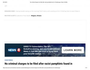 thumbnail of 2019- 08-21 No criminal charges to be filed after racist pamphlets found in Cheektowaga _ News 4 Buffalo