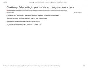 thumbnail of 2020- 01-15 Cheektowaga Police looking for person of interest in eyeglasses store burglary _ News 4 Buffalo